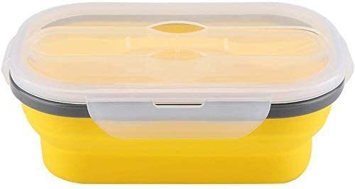 Lunch Box Collapsible Silicone Food Storage with Fork Spoon Expandable Eco Lunch Bento Box BPA-Free Dishwasher Freezer Microwave Safe - yellow