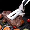1pc Stainless Steel Steak Clamps; Kitchen Barbecue Food Flipping Spatula Tongs Clip For Burgers BBQ Pizza Pies Fish; Kitchen Bread Tongs - Silvery
